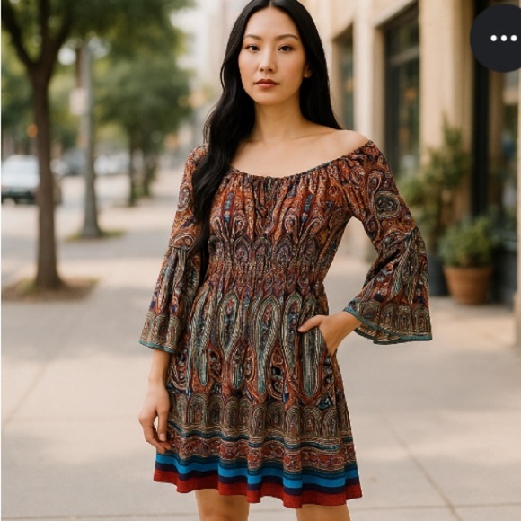 Womens Boston Proper Off-Shoulder Boho Paisley Bell Sleeve Mini Dress Size 4 - Picture 1 of 7